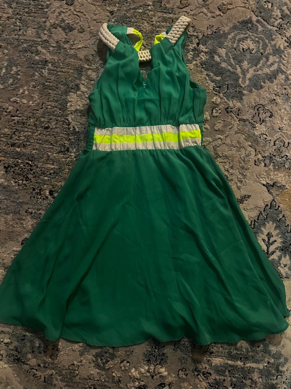 Judith March Green Mini Dress with Neon Yellow Waistband and Tie